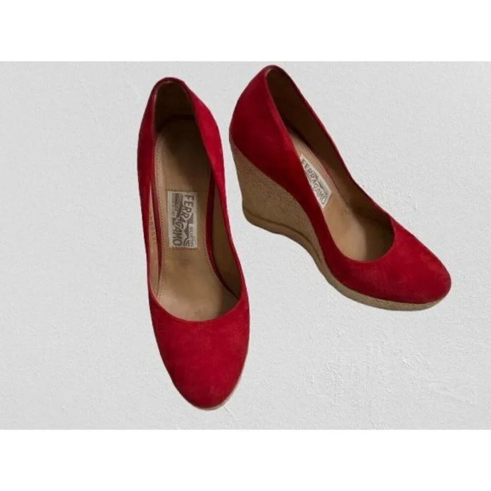 Salvatore Ferragamo Red Suede Bernie Espadrille Wedge Platform Pumps Size 8.5B